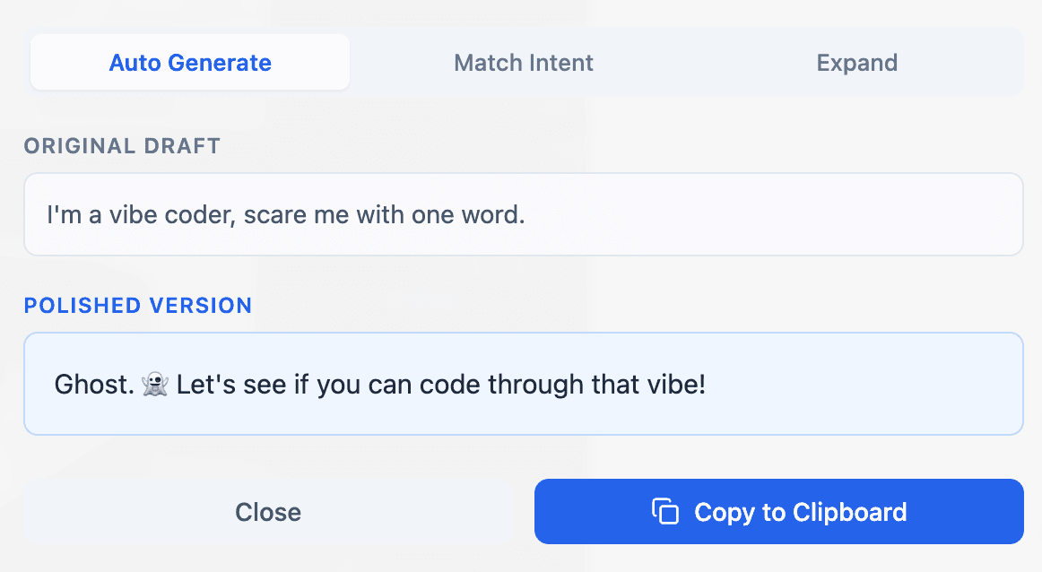 PostPolish auto-generating a reply from a short prompt
